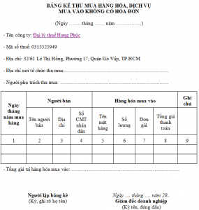 Mẫu 01/TNDN Bảng kê thu mua hàng hóa dịch vụ mua vào không có hóa đơn 54